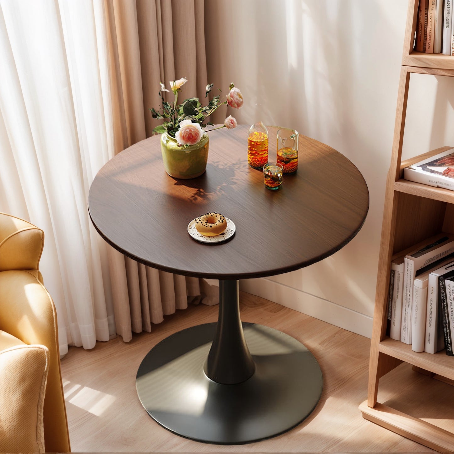 Walnut Round Table, Modern Dining Table, Dining Table, MDF Top and Steel Base Tulip Round Kitchen Table, Kitchen Table, Mid Century Coffee Table for Living Room 24 Inch, Oval Dining Table image 1
