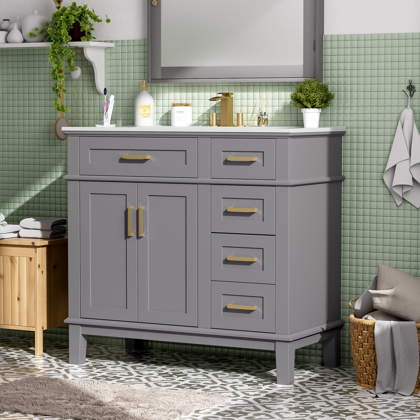 36" Gray Modern Bathroom Vanity with Ceramic Sink, Soft-Close Door, and 4 Storage Drawers,offering a refined look with practical everyday functionality.(Old SKU:N729P253935E) image 3