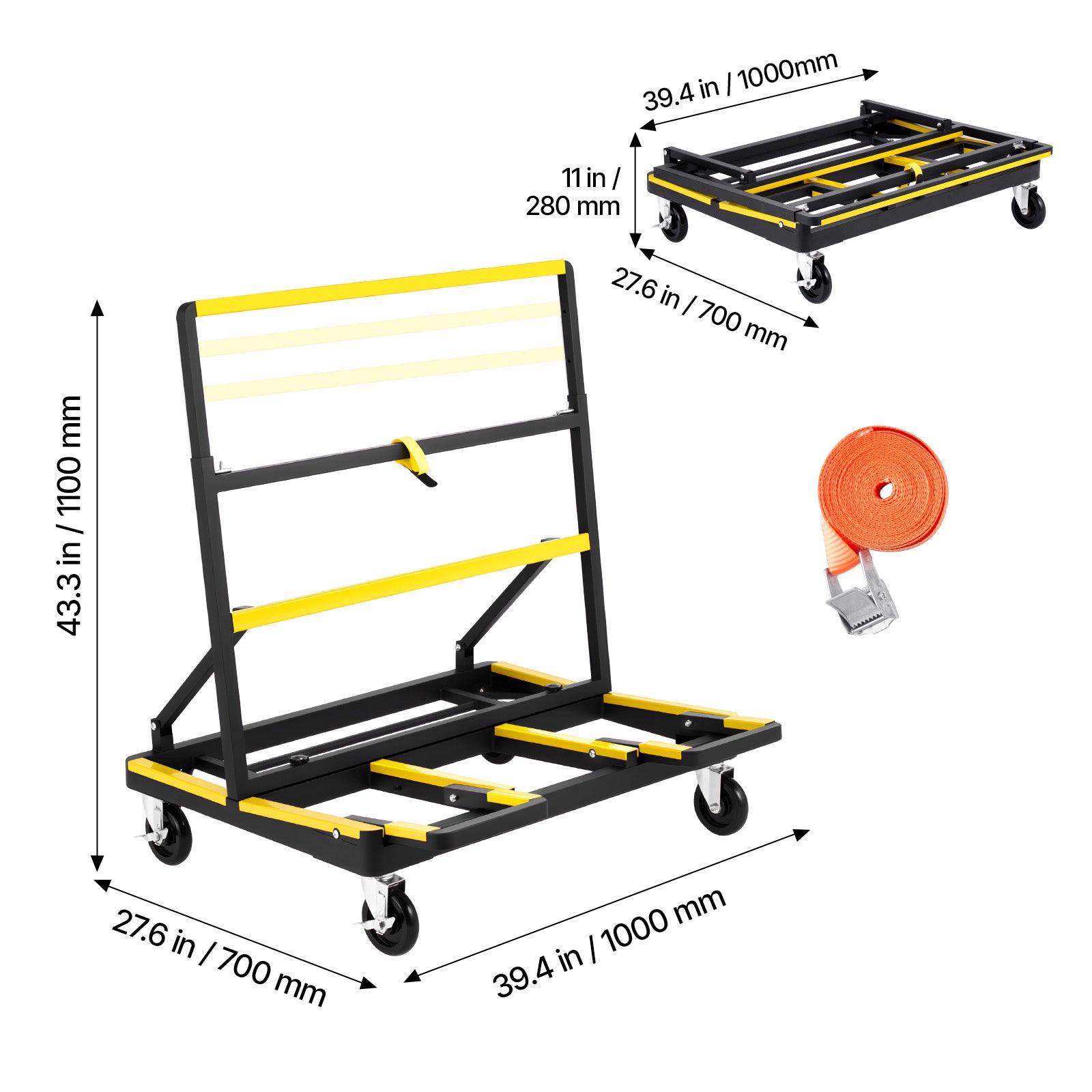 Drywall Cart Dolly, 1800 lbs Load Capacity, Steel Panel Dolly with 4 Swivel Casters & Expandable Deck, Foldable Panel Truck Cart with Tie-Down Strap for Handling Plywood, Plasterboard, Glass image 7