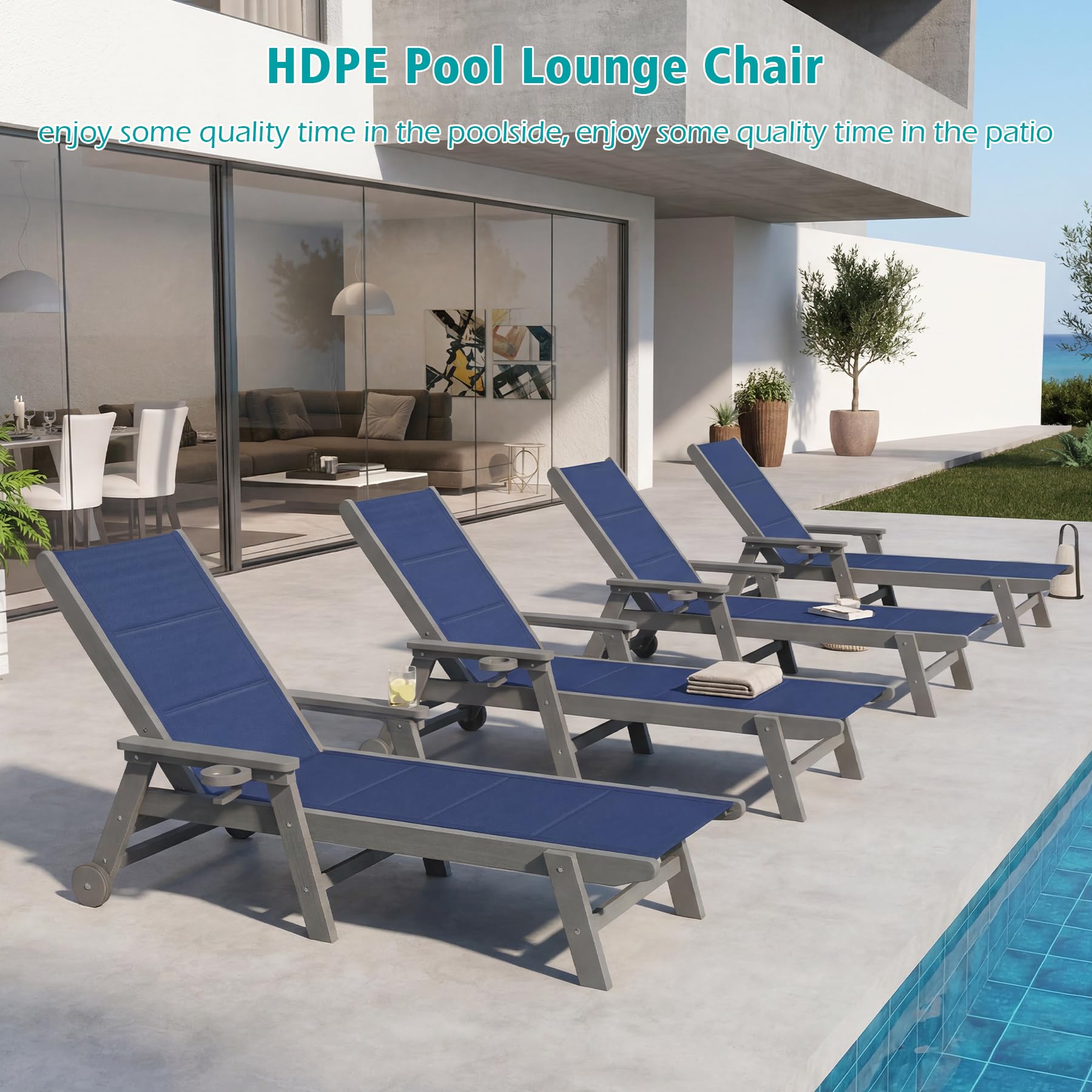 Outdoor Pool Lounge Chairs Set of 2, HDPE Patio Lounge Chair with Wheels, Double-Layer Fabric Chaise Lounge Chair for Pool, Sunbathing Tanning, Lawn, Navy Blue image 9