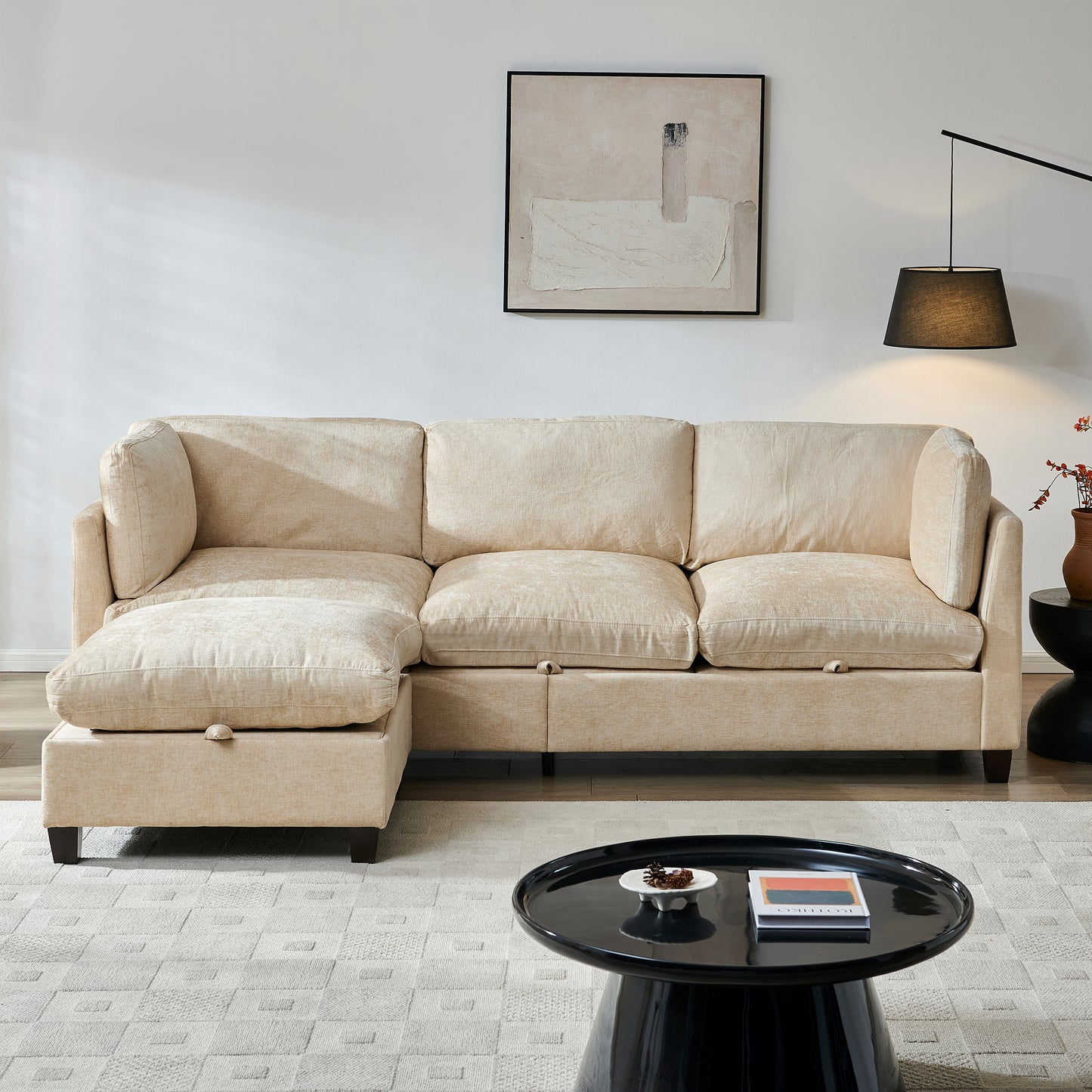 96.5" Sectional Couch for Living room, Upholstered Soft Chenille Fabric Sofa, 3-Seater with One Ottoman L Shape Sofa Light Coffee image 1