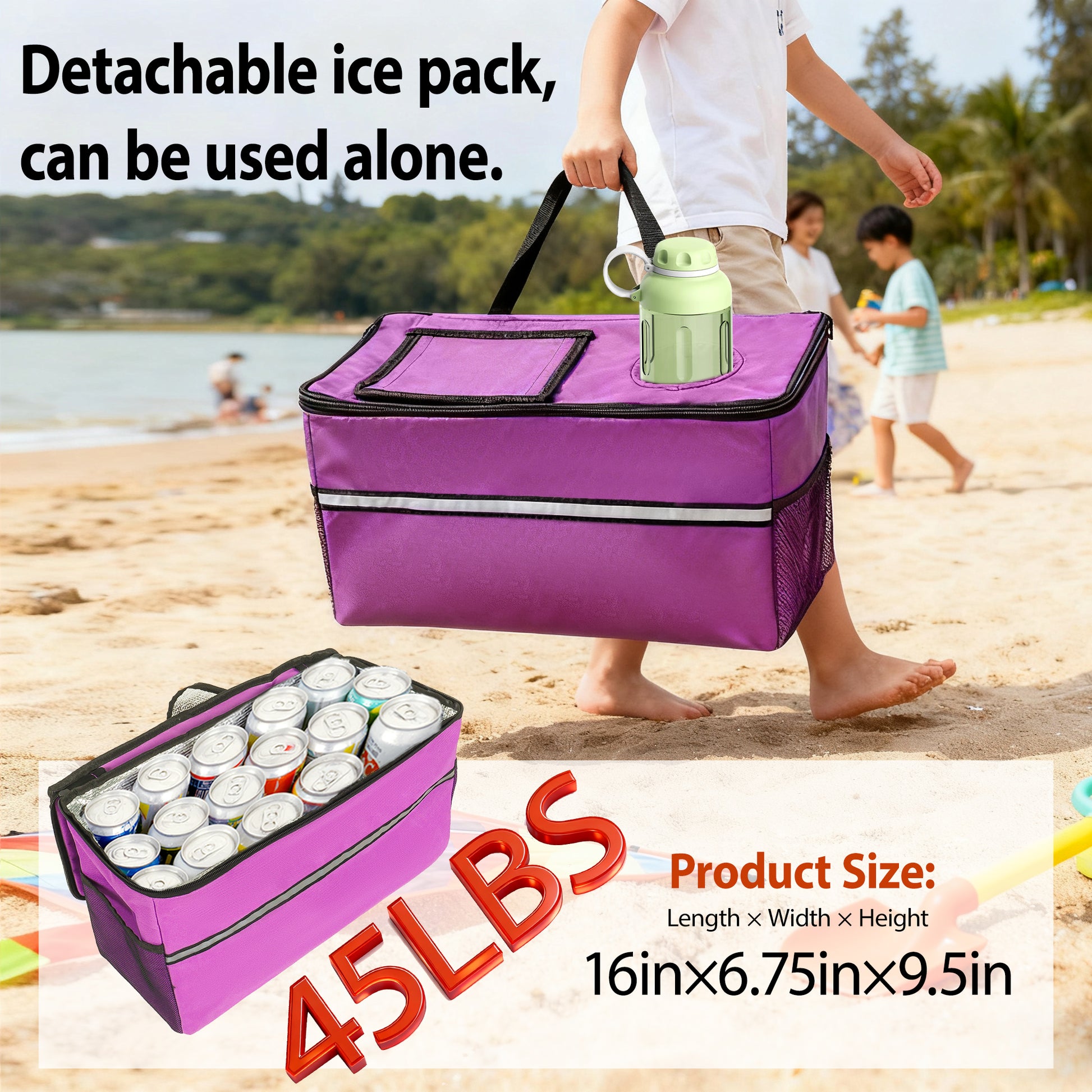 3-in-1 Folding Wagon Cart with Bench Seat & Storage, patent protection - Includes 1 ice pack, 500lbs Heavy-Duty, 180L Capacity All-Terrain Wheels for Camping, Beach, Sports, Garden, purple image 6