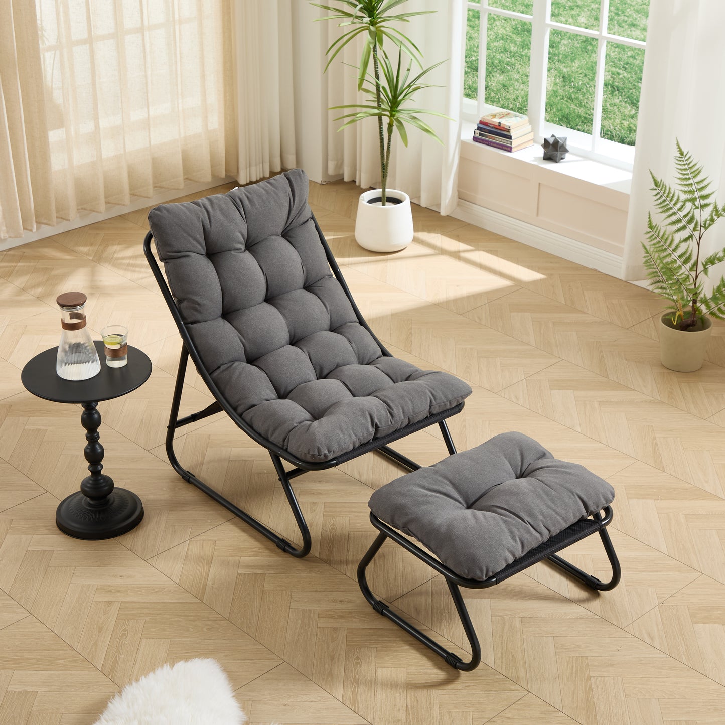 Patio Outdoor Lounge Chair with Ottoman, Comfy Sling Recliner Chair with Puffy Cushion and Foot Stool, Ideal for Living Room, Bedroom, Reading Room, Black frame with grey cushion image 3