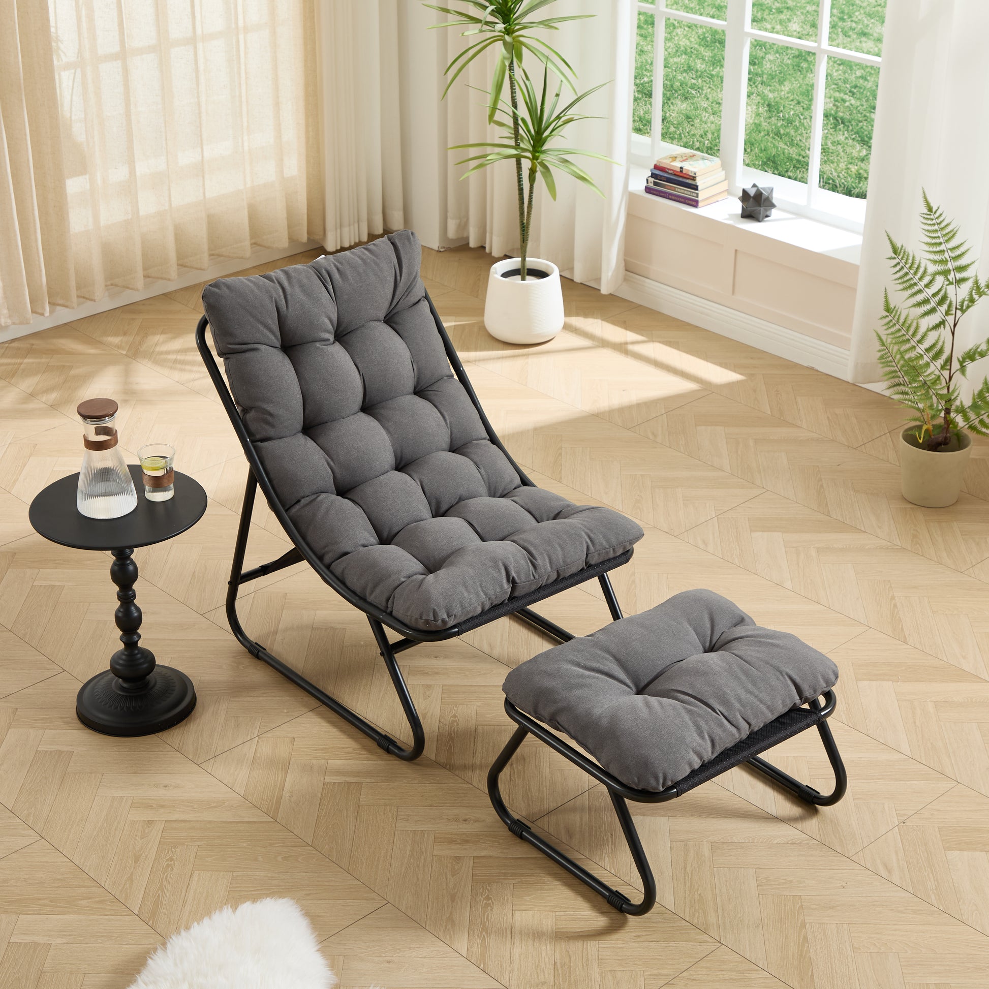 Patio Outdoor Lounge Chair with Ottoman, Comfy Sling Recliner Chair with Puffy Cushion and Foot Stool, Ideal for Living Room, Bedroom, Reading Room, Black frame with grey cushion image 3