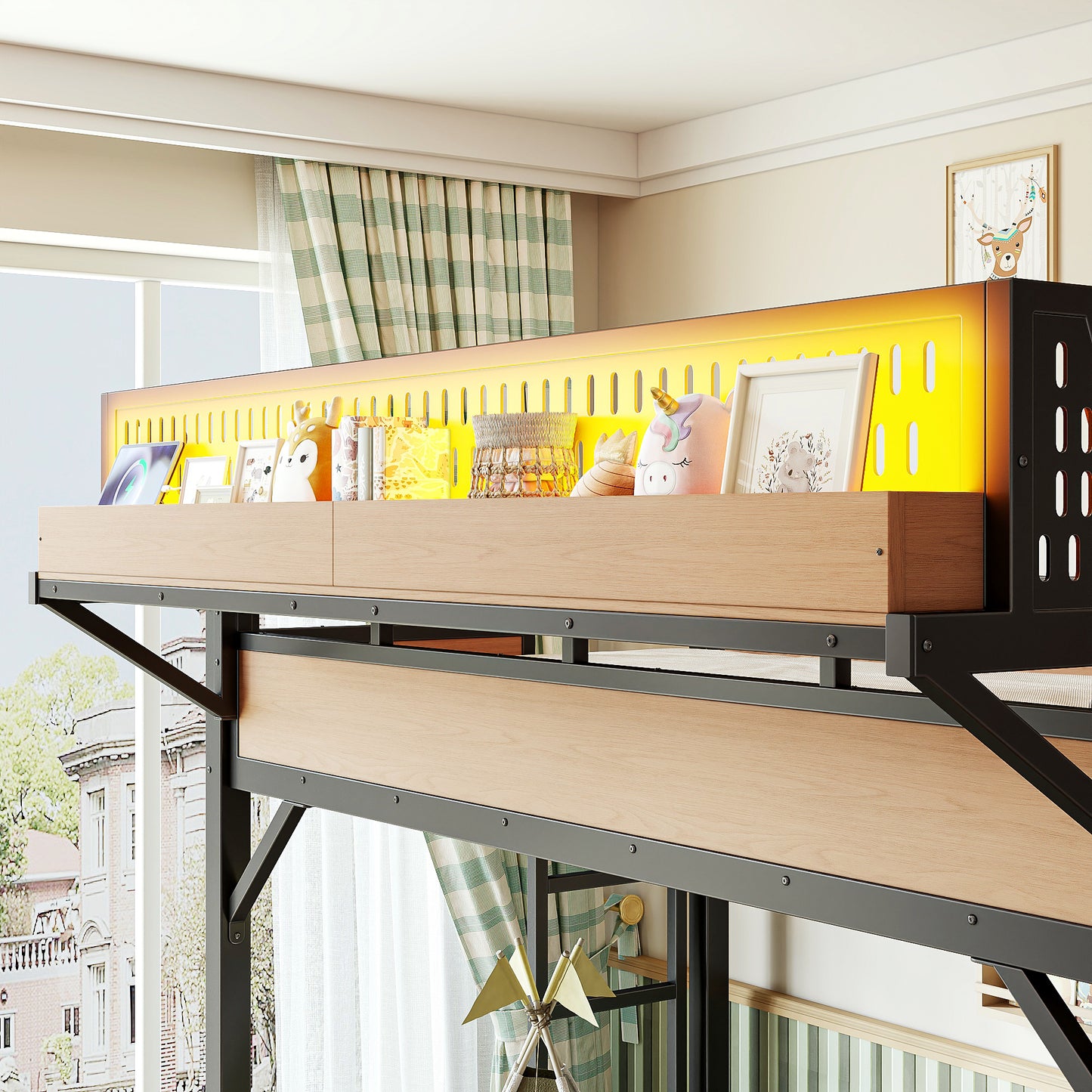 Twin XL Size Loft Bed with Slide, Storage Shelves and Built-in Wardrobe, Metal Loft Bed Frame with USB Ports and LED Lights, with Pegboard, Safety and Solid, Natural image 6
