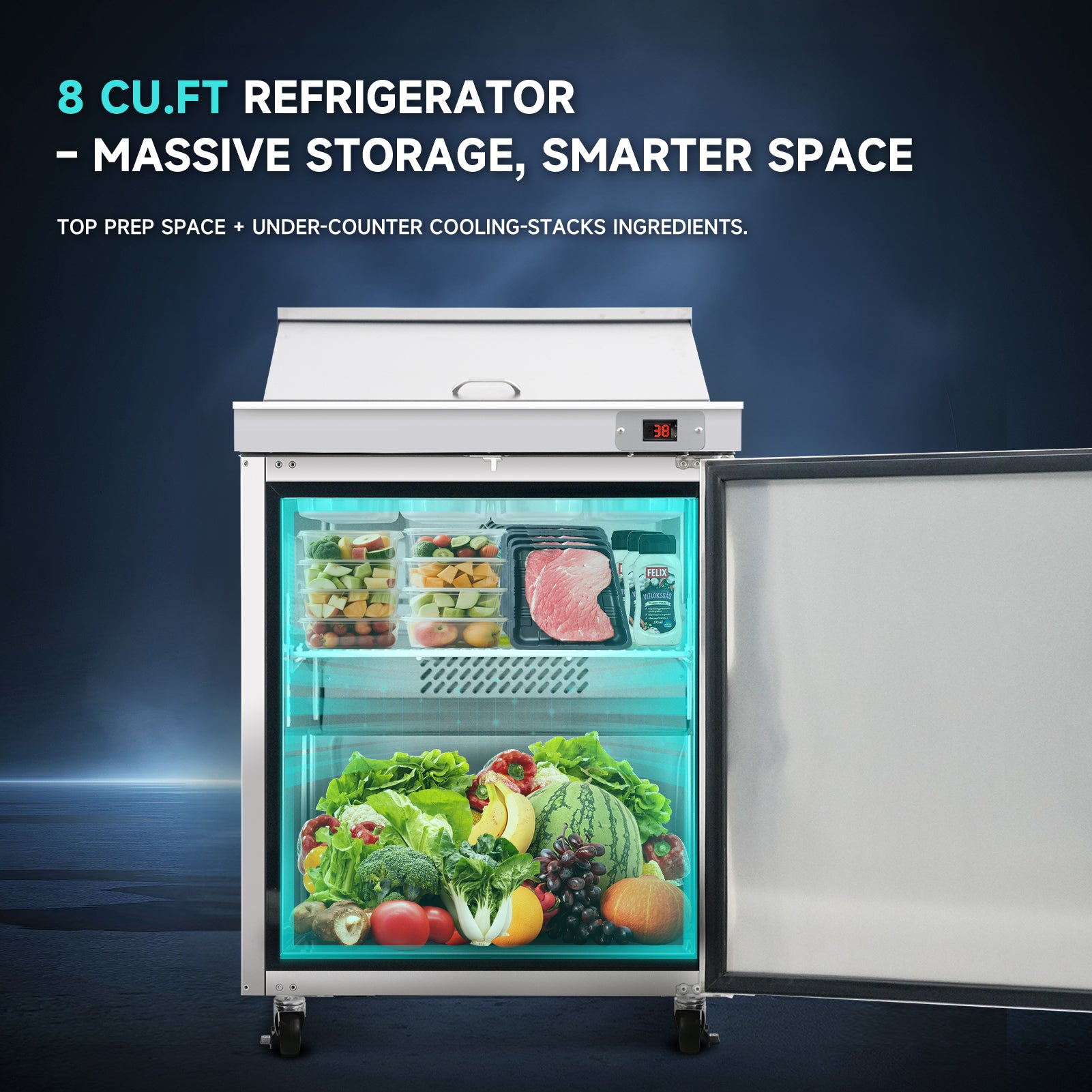Orikool 29 IN Commercial Refrigerators Sandwich&Salad Prep Table with a Butcher Block Cutting Board, Protection Lid, Cold Storage, ETL Certified image 4