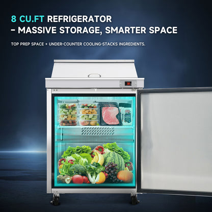 Orikool 29 IN Commercial Refrigerators Sandwich&Salad Prep Table with a Butcher Block Cutting Board, Protection Lid, Cold Storage, ETL Certified image 4