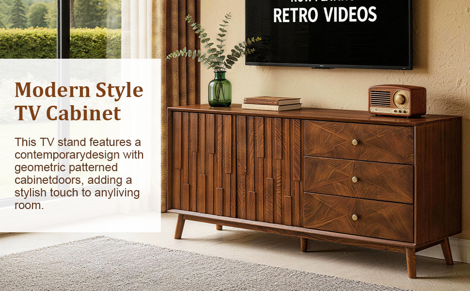 56" Mid Century Modern TV Stand with Storage, Entertainment Center with 3 Drawers and 2 Doors, Wooden Sideboard Buffet Cabinet for Living Room, Dining Room & Entryway, Walnut Brown image 8