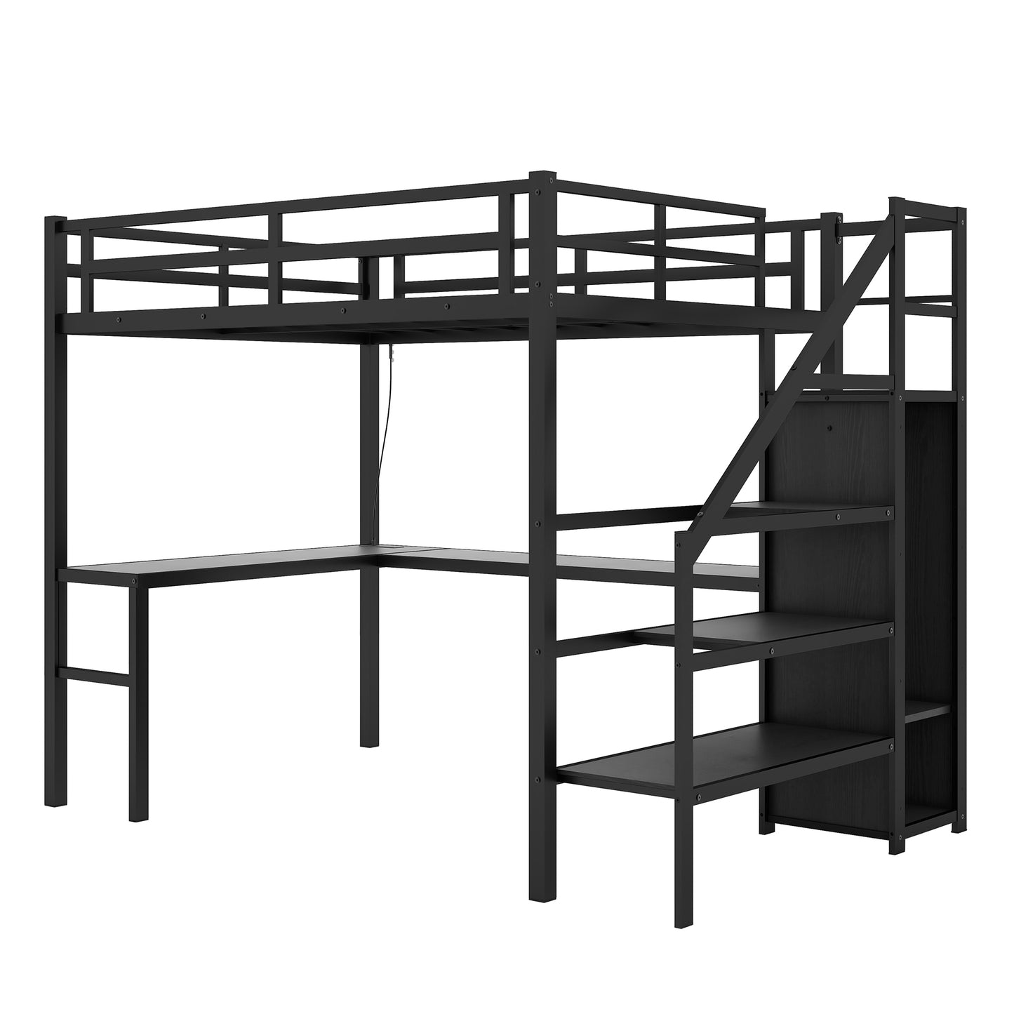 Twin XL Size Loft Bed with L-shaped Desk and USB, Metal Loft Bed with Wardrobe and Adjustable Shelf, High Loft Bed with LED for Kids Teens Adults, Black image 5