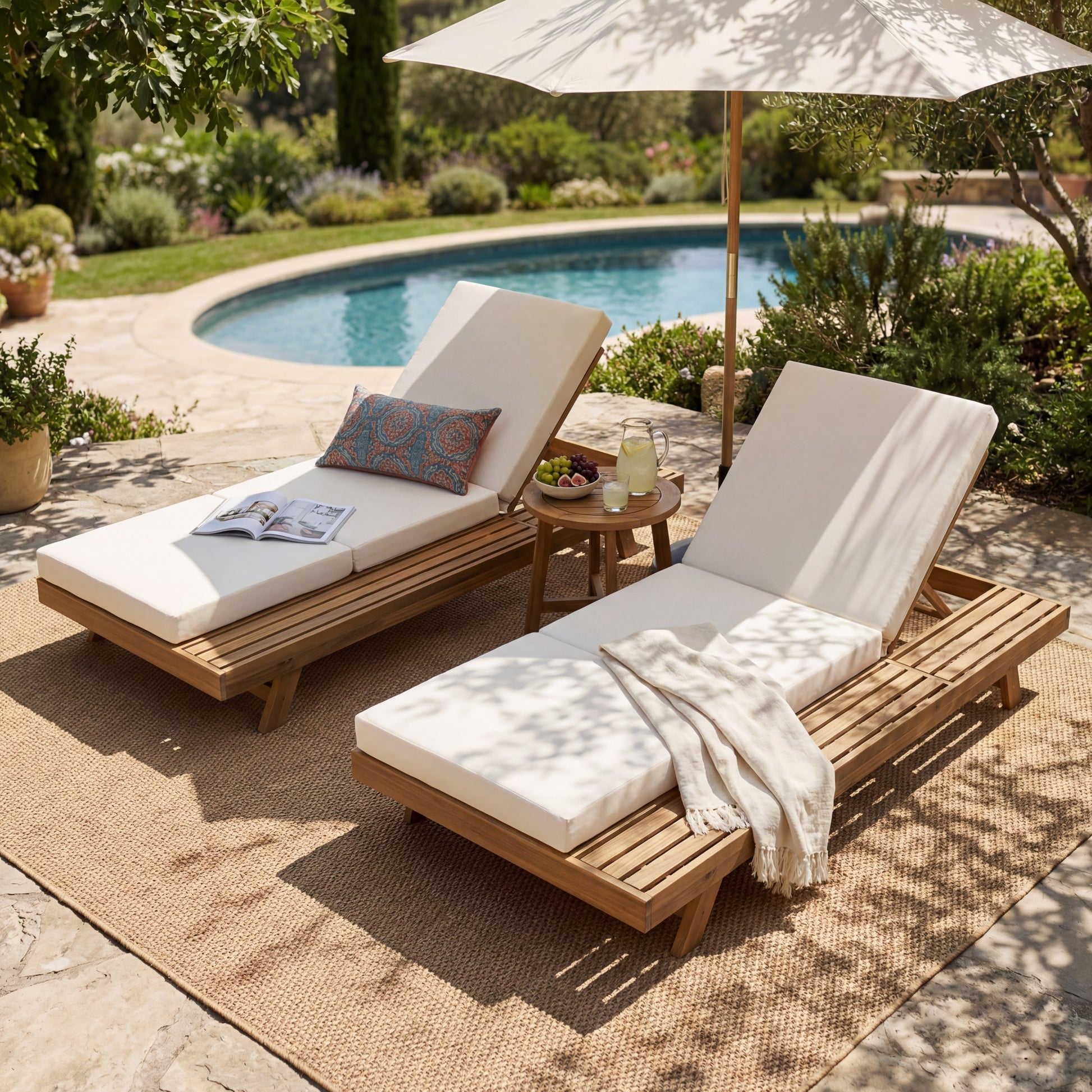 Lounge Chaise Set, Space Available On One Side, Acacia Solid Wood In light brown With Lounge Cushion (Cream & Triple Fold) – Matching Dark Grey Version Available image 5
