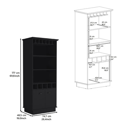 Bar Cabinet 70"H with Wine Rack, Upper Glass Cabinet, three Open Storage Shelves and One Cabinet,Black image 5