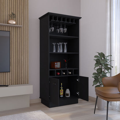 Bar Cabinet 70"H with Wine Rack, Upper Glass Cabinet, three Open Storage Shelves and One Cabinet,Black image 3
