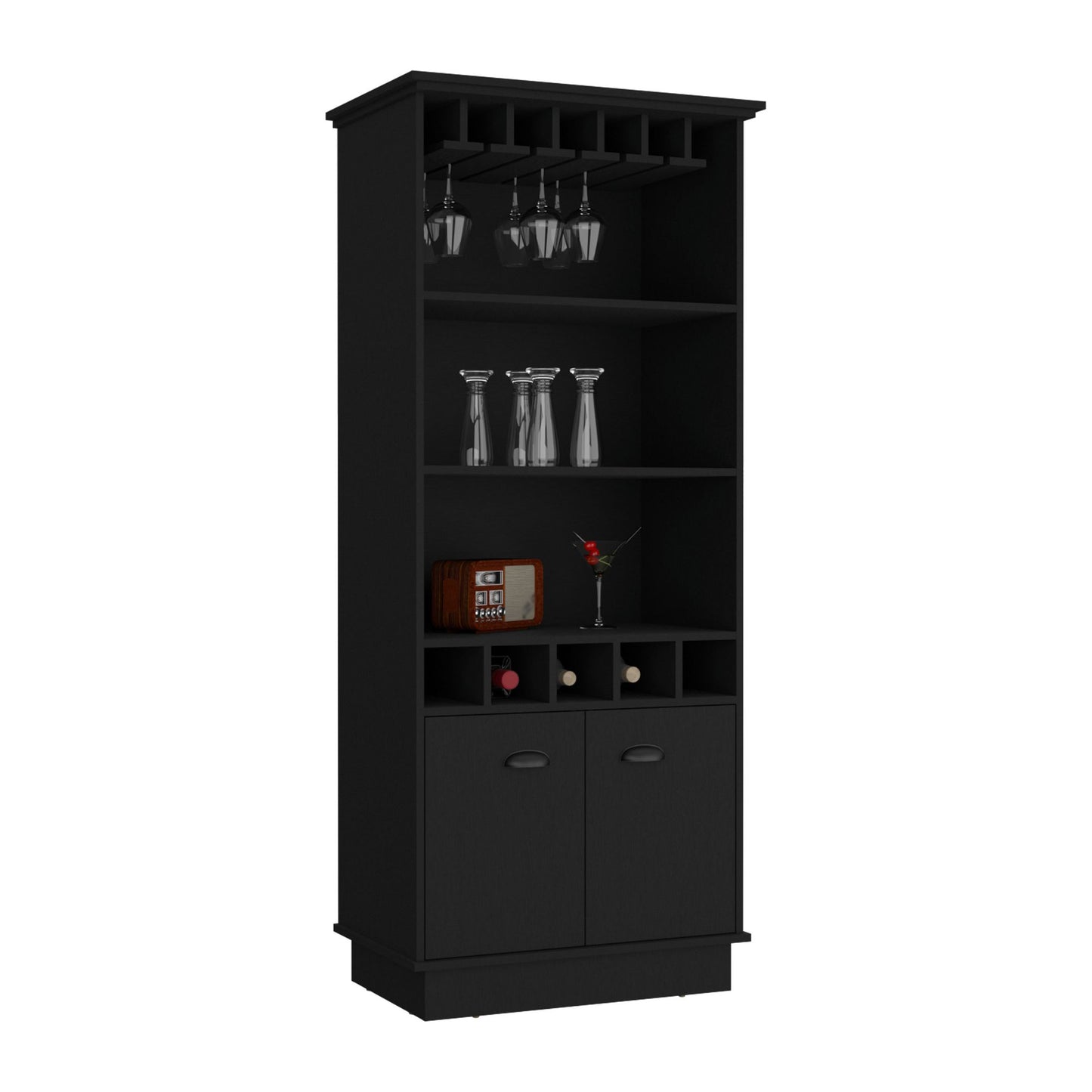 Bar Cabinet 70"H with Wine Rack, Upper Glass Cabinet, three Open Storage Shelves and One Cabinet,Black image 7