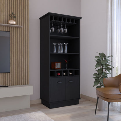 Bar Cabinet 70"H with Wine Rack, Upper Glass Cabinet, three Open Storage Shelves and One Cabinet,Black image 1