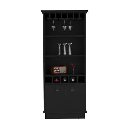 Bar Cabinet 70"H with Wine Rack, Upper Glass Cabinet, three Open Storage Shelves and One Cabinet,Black image 6