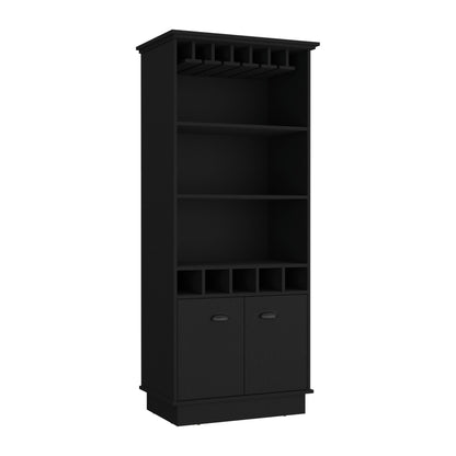 Bar Cabinet 70"H with Wine Rack, Upper Glass Cabinet, three Open Storage Shelves and One Cabinet,Black image 2