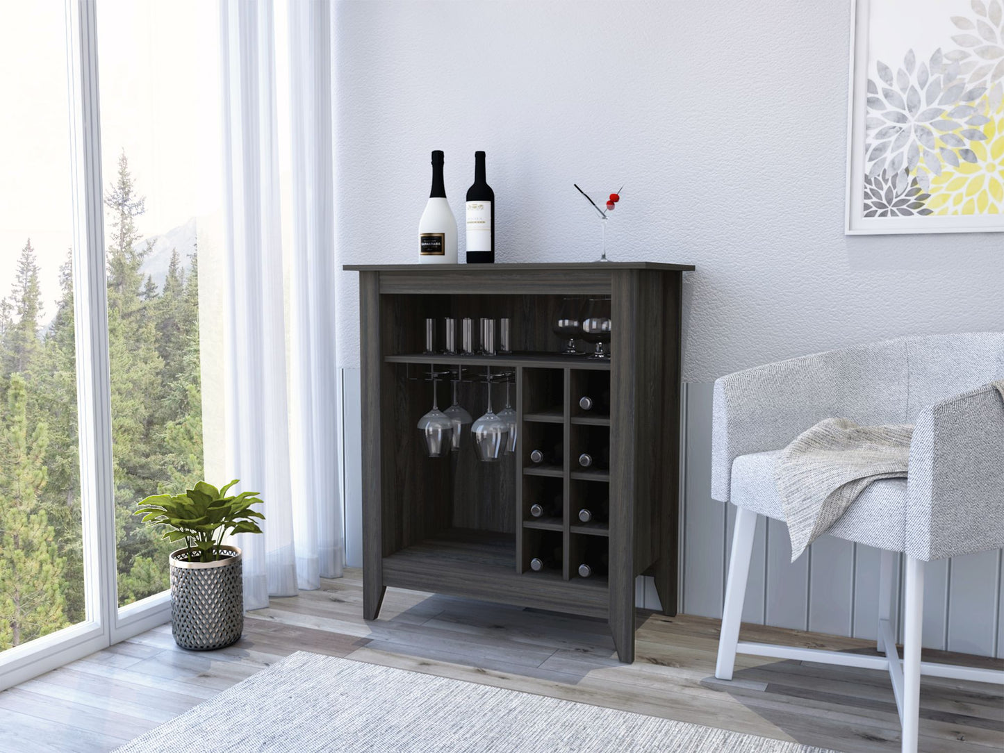 Bar Cabinet Castle, One Open Shelf, Six Wine Cubbies, Carbon Espresso Finish image 2