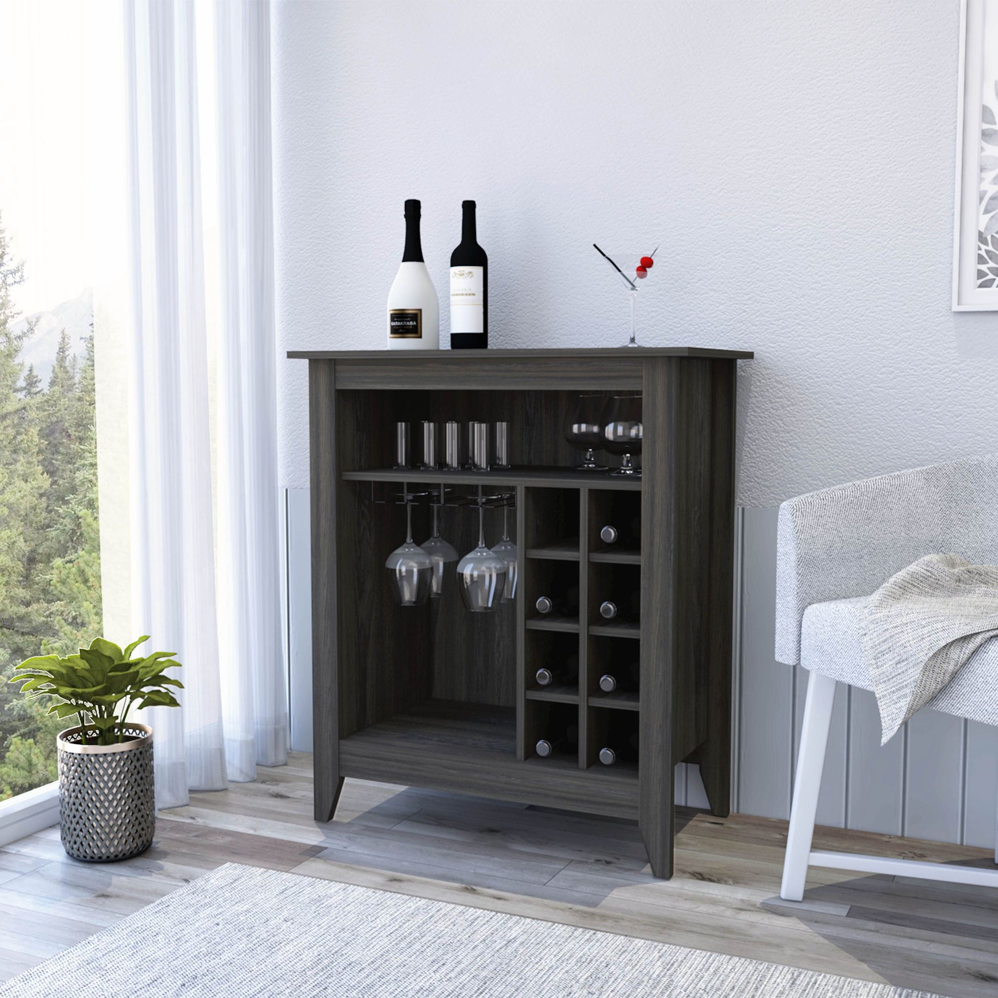 Bar Cabinet Castle, One Open Shelf, Six Wine Cubbies, Carbon Espresso Finish image 1