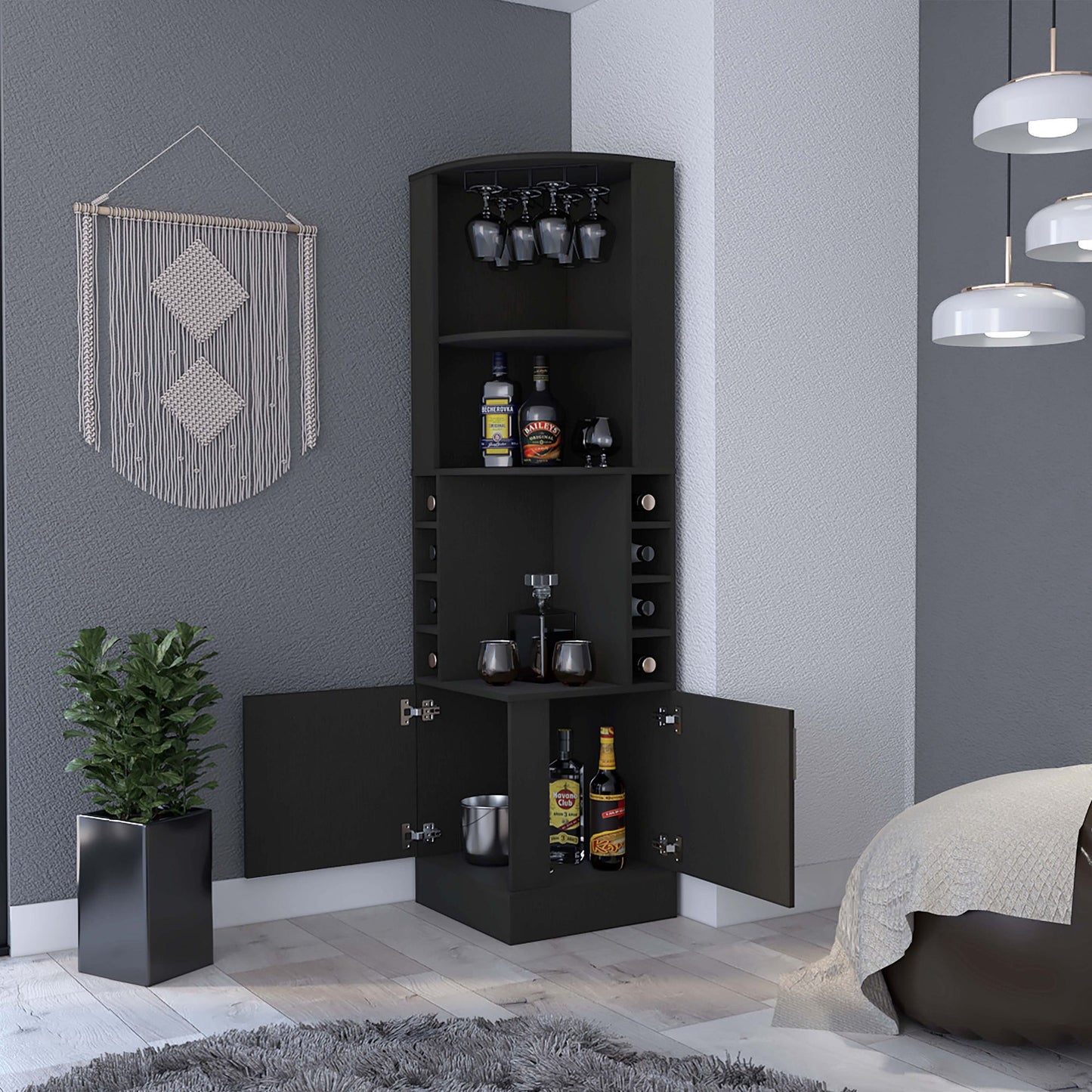 Bar Cabinet Papprika, 8 Wine Cubbies, Double Door, Black Wengue Finish image 3