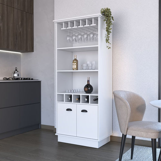 White Bar Cabinet Taholah with glassware display and hanging rack - front view