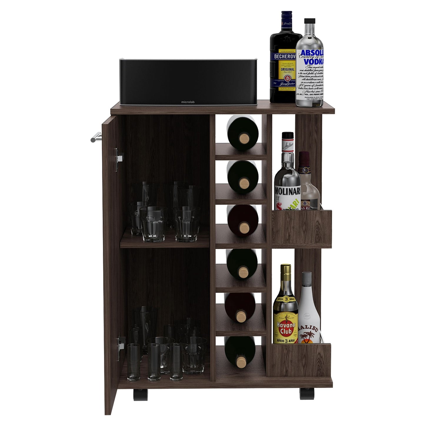 Bar Cart, Four Casters, Single Door Cabinet, Two External Shelves, Dark Walnut image 4