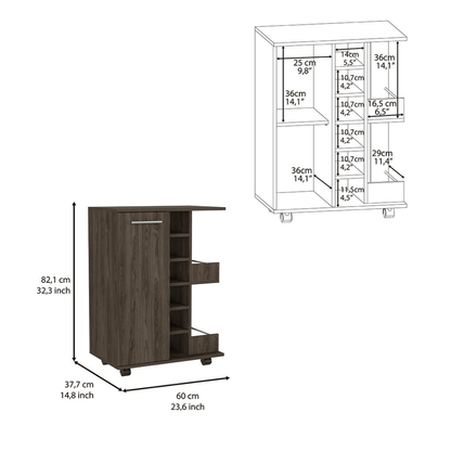 Bar Cart, Four Casters, Single Door Cabinet, Two External Shelves, Dark Walnut image 6