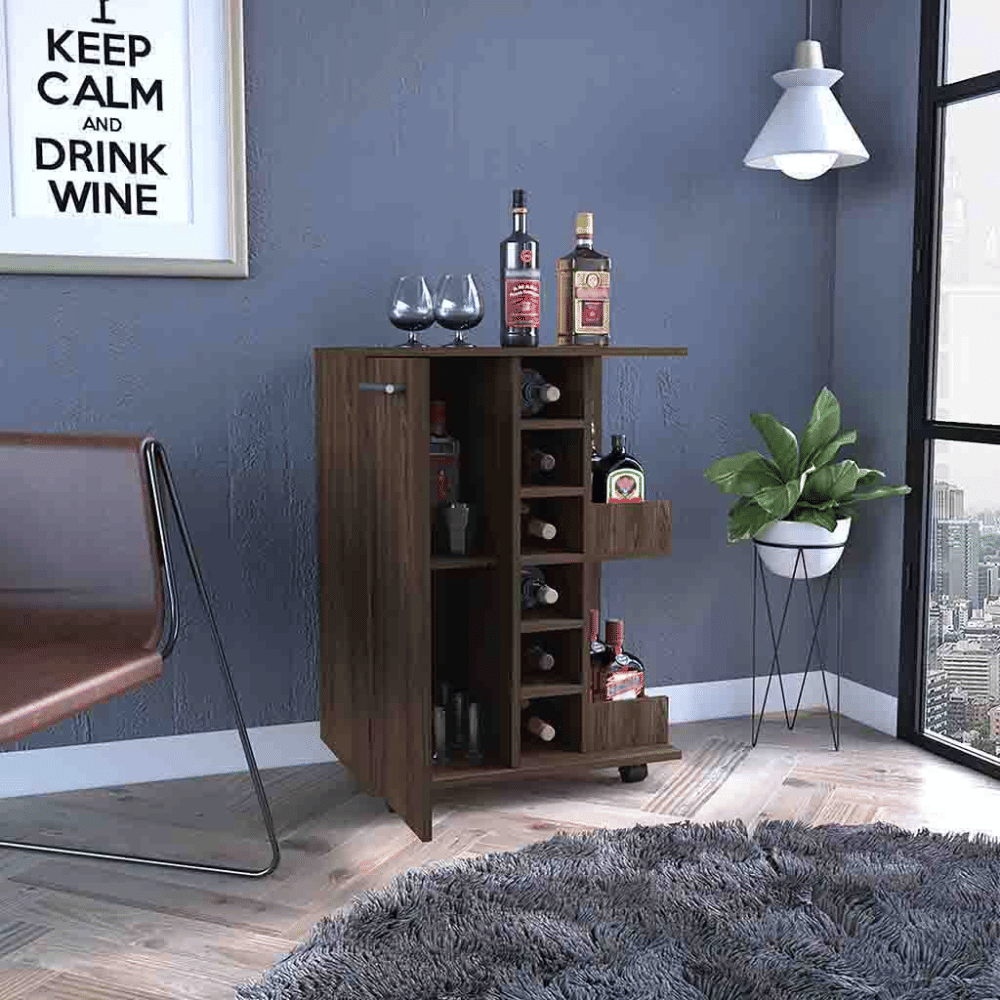 Bar Cart, Four Casters, Single Door Cabinet, Two External Shelves, Dark Walnut image 2