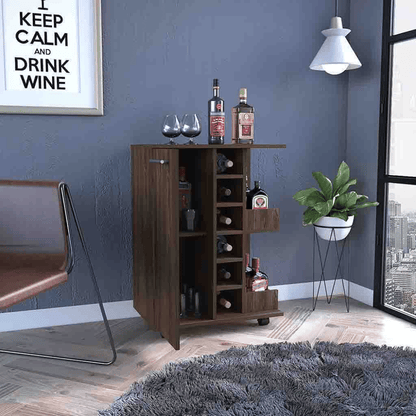 Bar Cart, Four Casters, Single Door Cabinet, Two External Shelves, Dark Walnut image 2