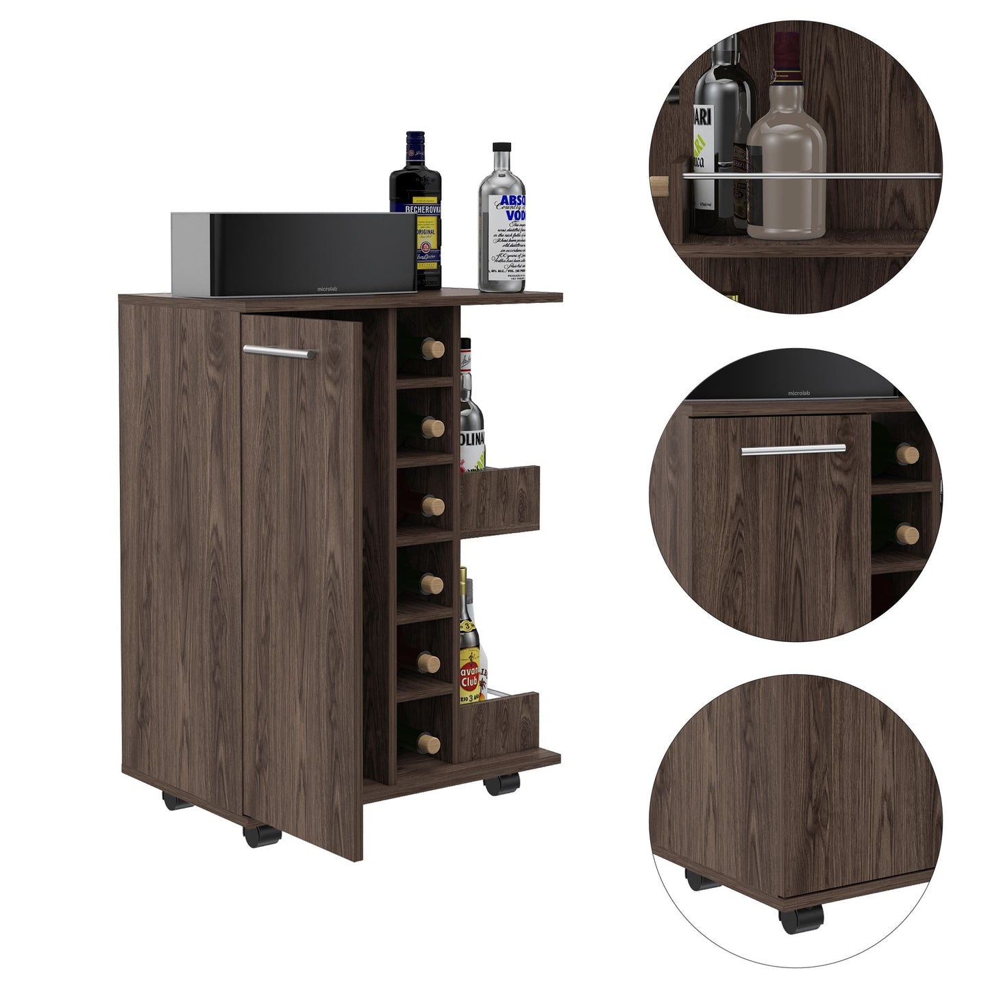Bar Cart, Four Casters, Single Door Cabinet, Two External Shelves, Dark Walnut image 5