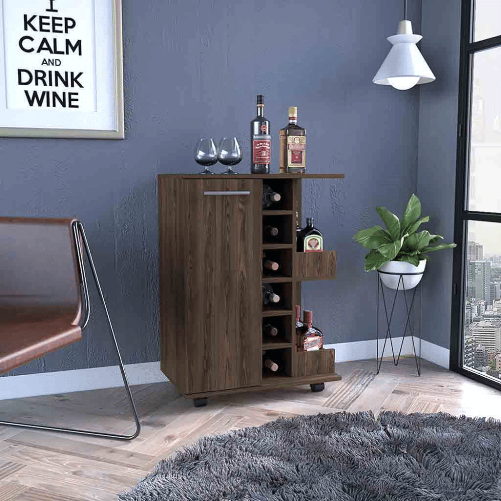Bar Cart, Four Casters, Single Door Cabinet, Two External Shelves, Dark Walnut image 1
