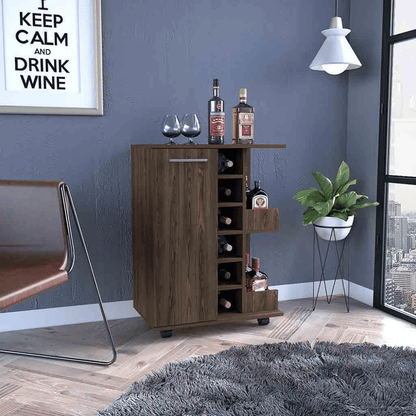 Bar Cart, Four Casters, Single Door Cabinet, Two External Shelves, Dark Walnut image 1