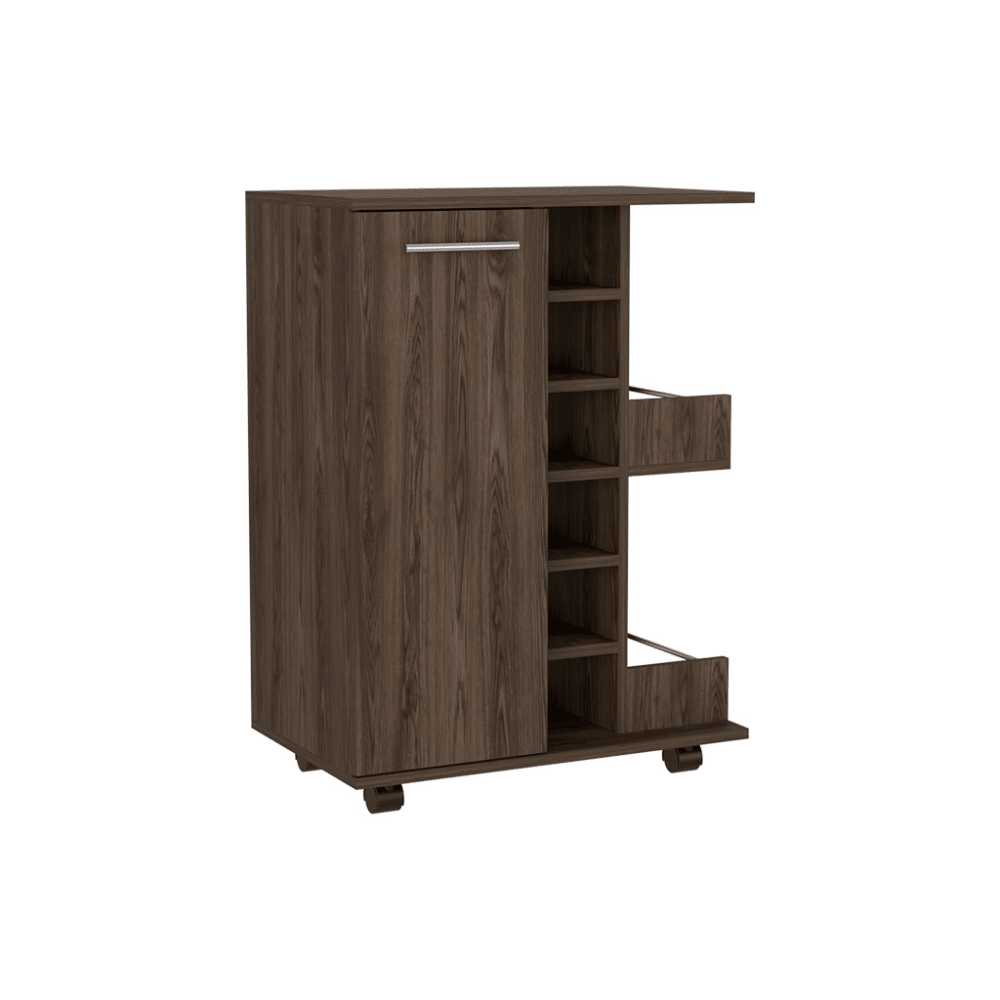 Bar Cart, Four Casters, Single Door Cabinet, Two External Shelves, Dark Walnut image 3