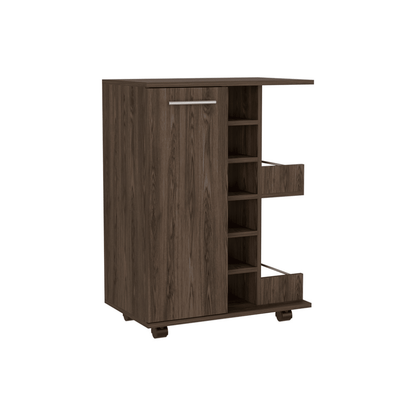 Bar Cart, Four Casters, Single Door Cabinet, Two External Shelves, Dark Walnut image 3