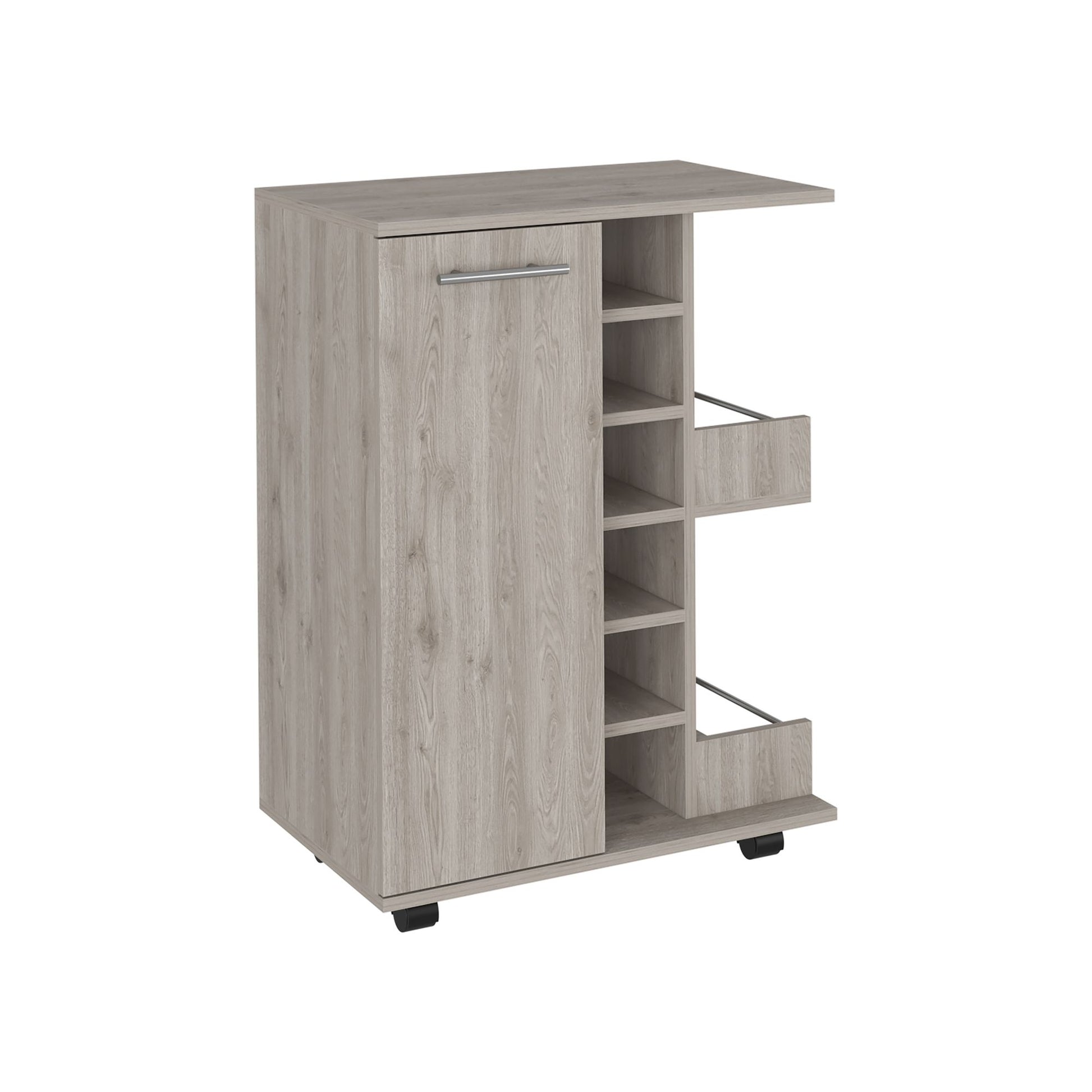 Bar Cart, Four Casters, Single Door Cabinet, Two External Shelves, Light Gray image 5