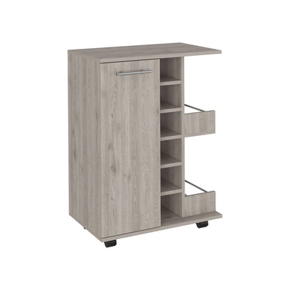 Bar Cart, Four Casters, Single Door Cabinet, Two External Shelves, Light Gray image 5