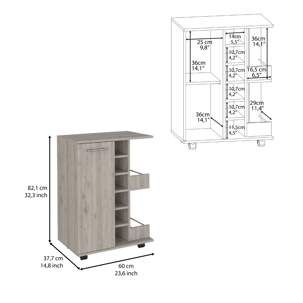 Bar Cart, Four Casters, Single Door Cabinet, Two External Shelves, Light Gray image 2