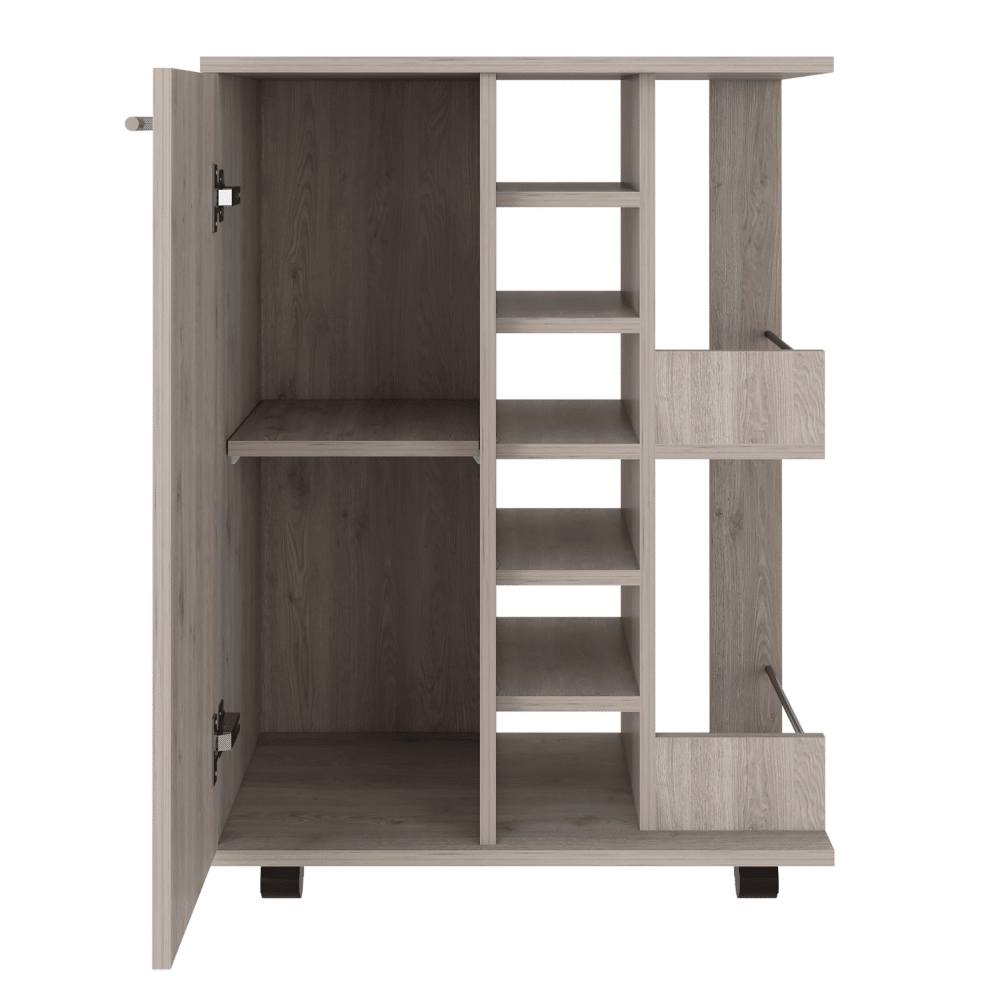 Bar Cart, Four Casters, Single Door Cabinet, Two External Shelves, Light Gray image 3