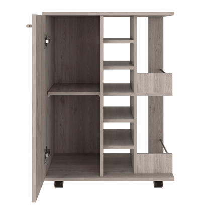 Bar Cart, Four Casters, Single Door Cabinet, Two External Shelves, Light Gray image 3