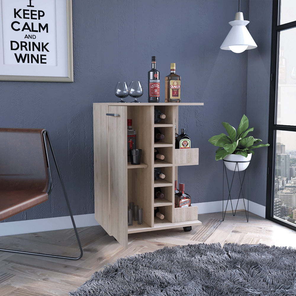 Bar Cart, Four Casters, Single Door Cabinet, Two External Shelves, Light Gray image 4