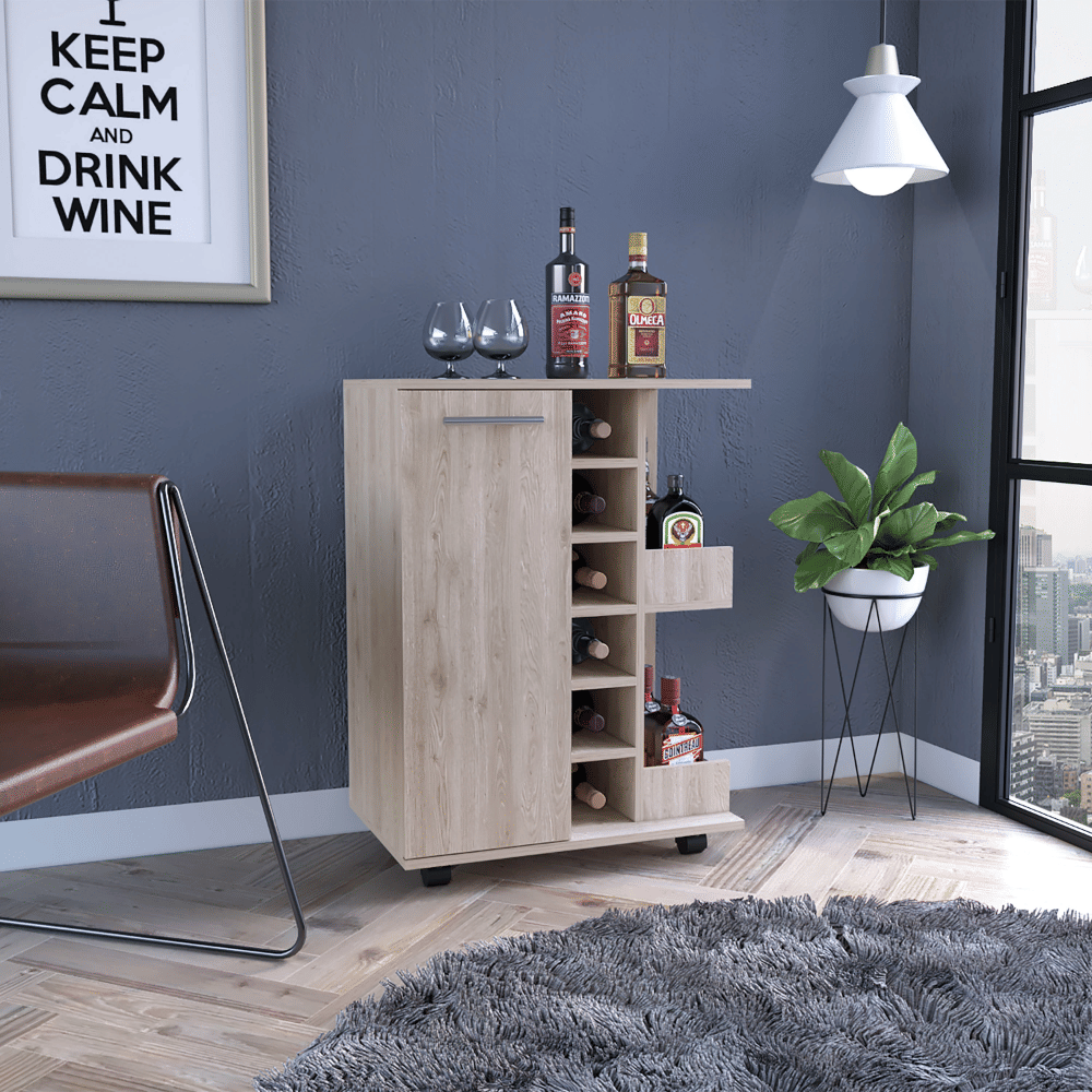 Bar Cart, Four Casters, Single Door Cabinet, Two External Shelves, Light Gray image 1