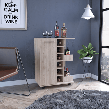 Bar Cart, Four Casters, Single Door Cabinet, Two External Shelves, Light Gray image 1