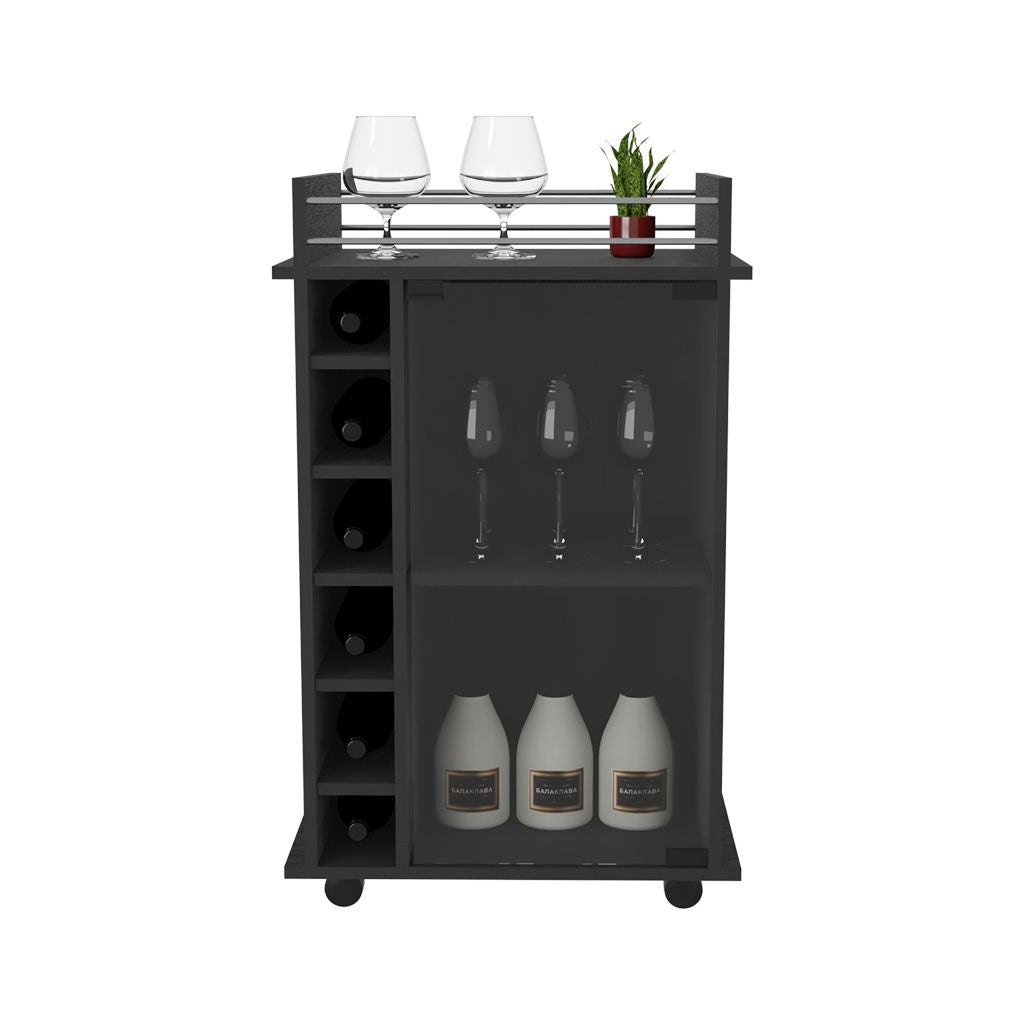 Bar Cart, Glass Door, Four Casters, Two Shelves, Black image 5