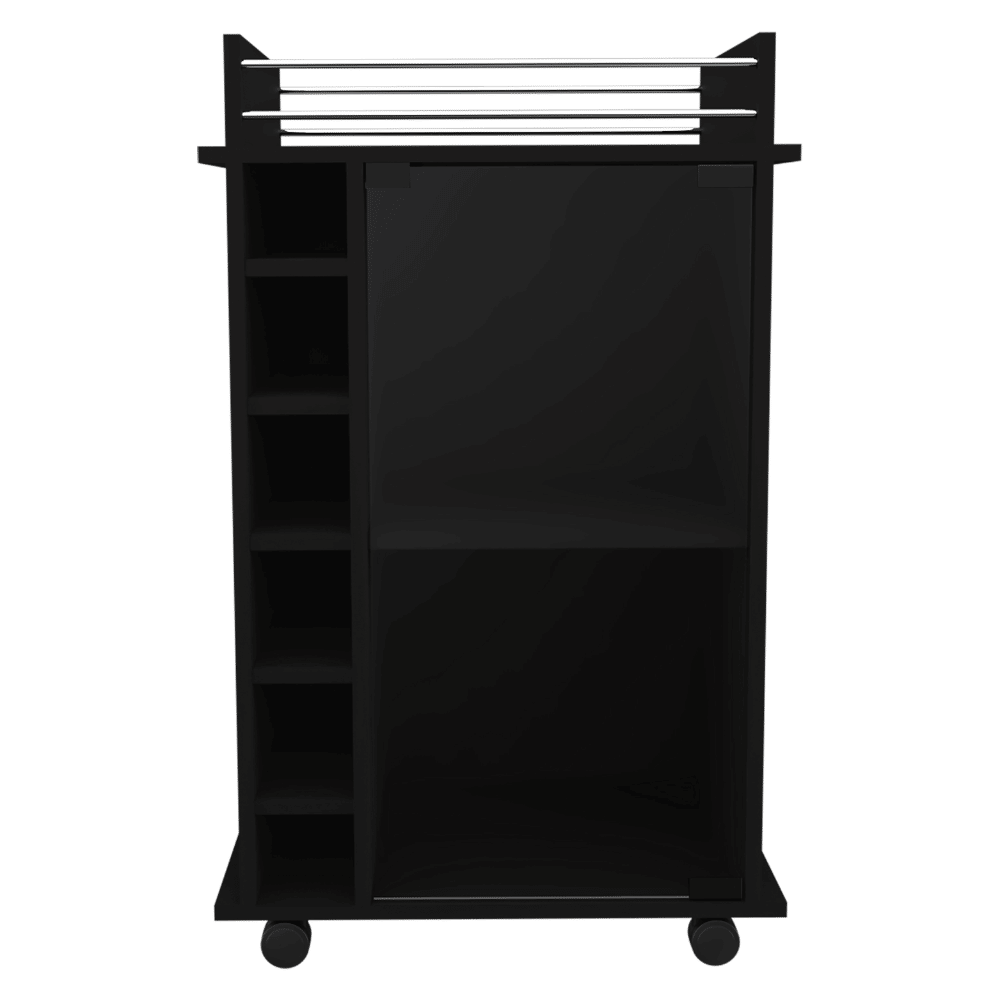 Bar Cart, Glass Door, Four Casters, Two Shelves, Black image 3