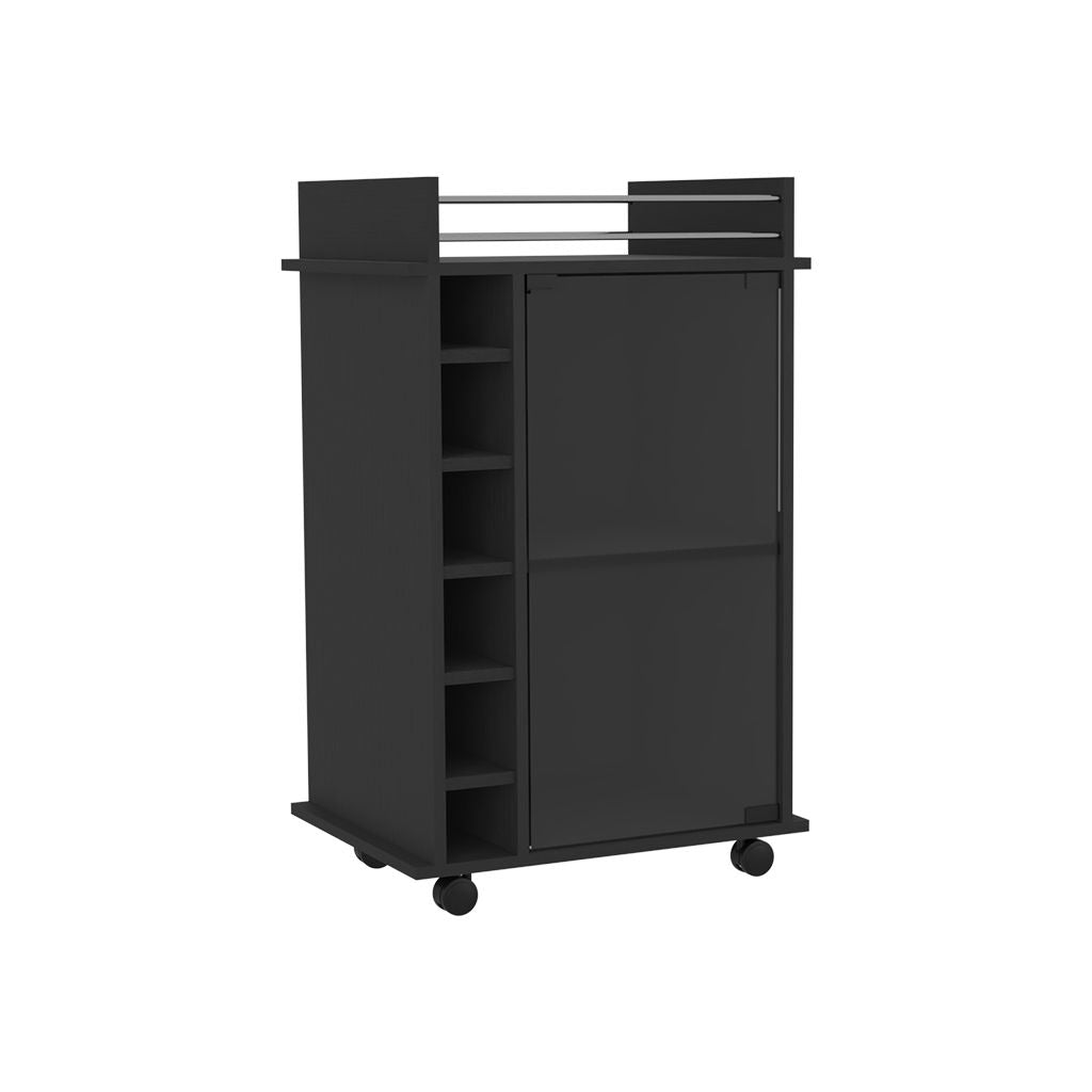 Bar Cart, Glass Door, Four Casters, Two Shelves, Black image 4