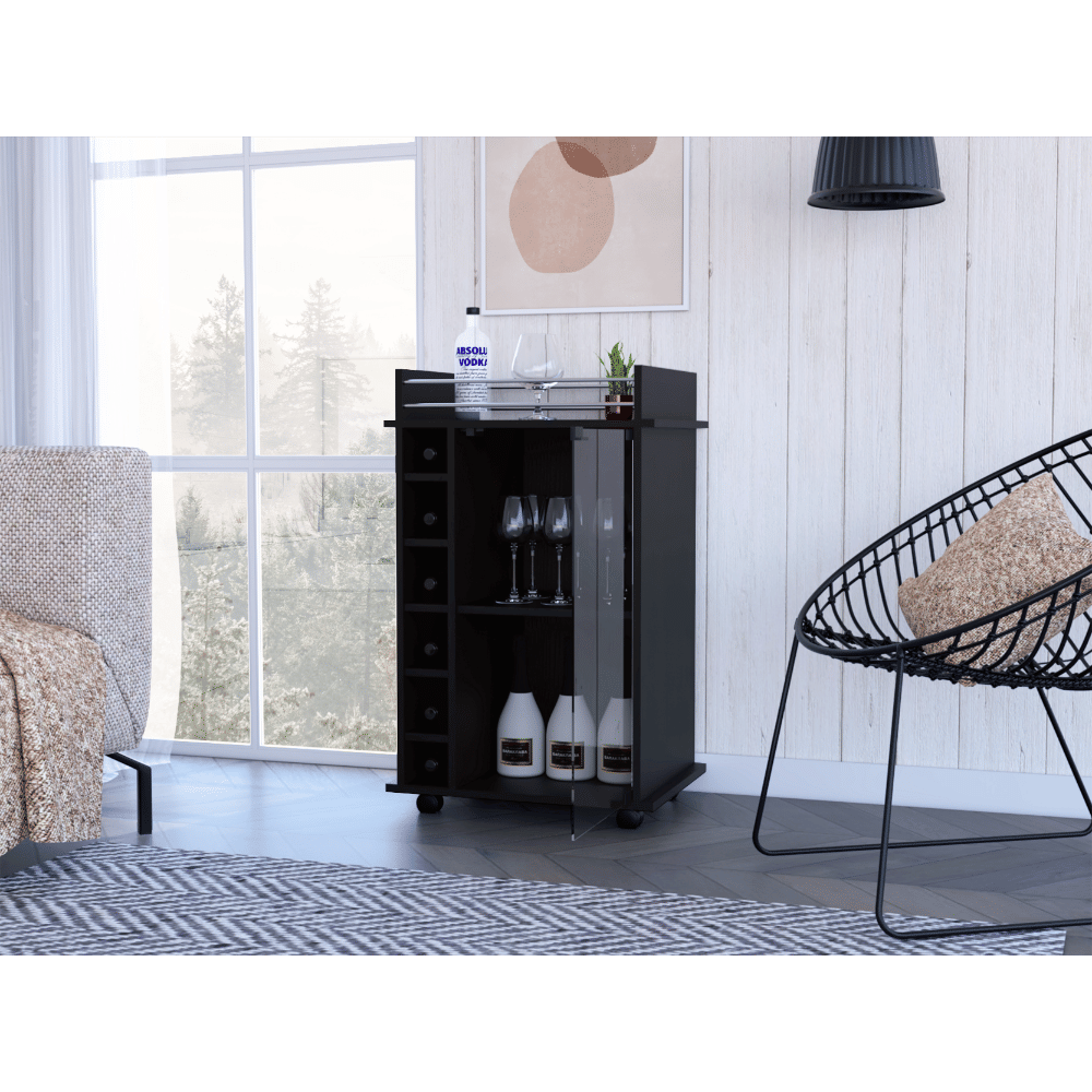 Bar Cart, Glass Door, Four Casters, Two Shelves, Black image 2