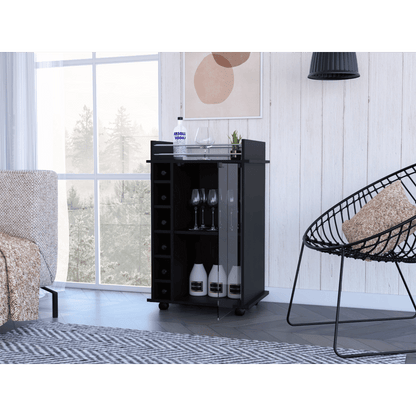 Bar Cart, Glass Door, Four Casters, Two Shelves, Black image 2
