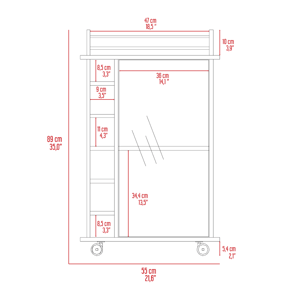 Bar Cart, Glass Door, Four Casters, Two Shelves, Black image 7