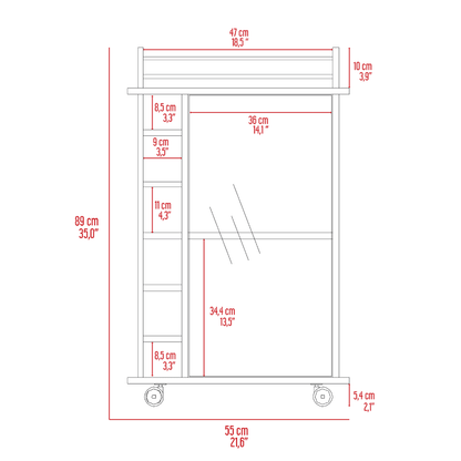 Bar Cart, Glass Door, Four Casters, Two Shelves, Black image 7