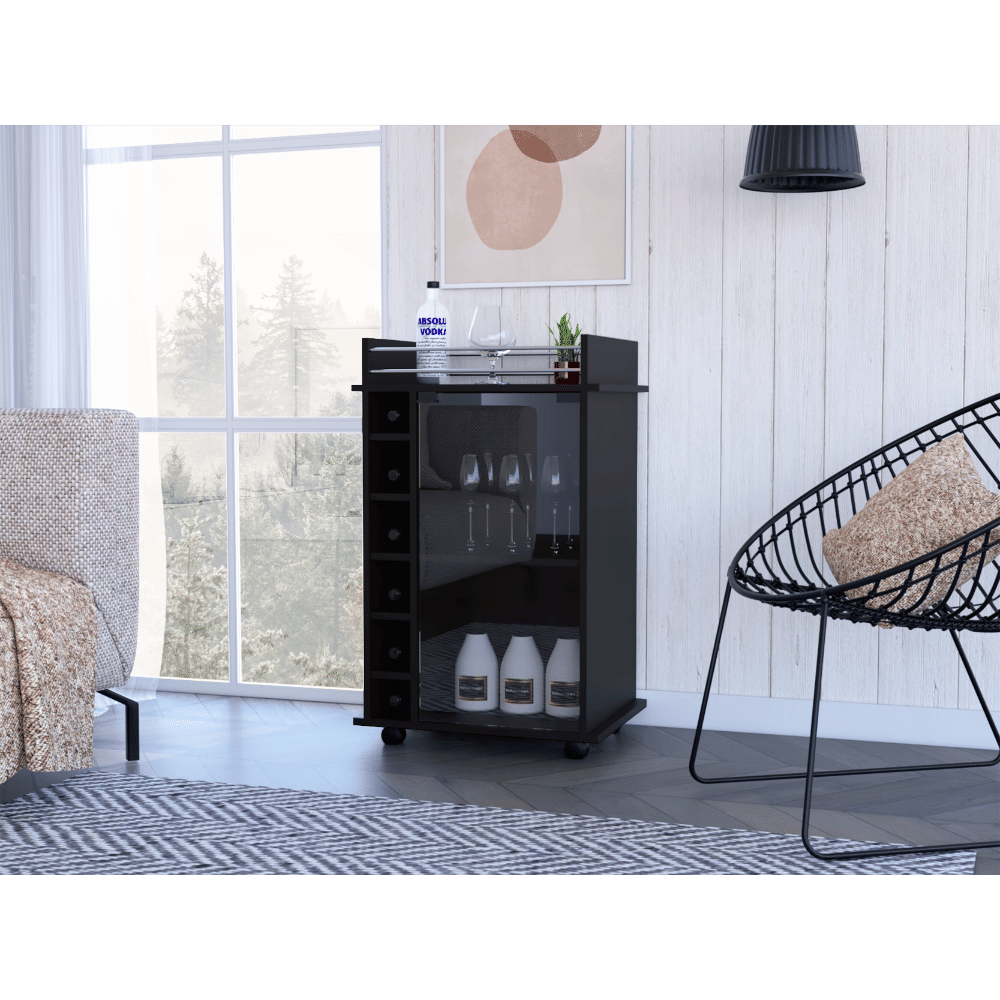 Bar Cart, Glass Door, Four Casters, Two Shelves, Black image 1