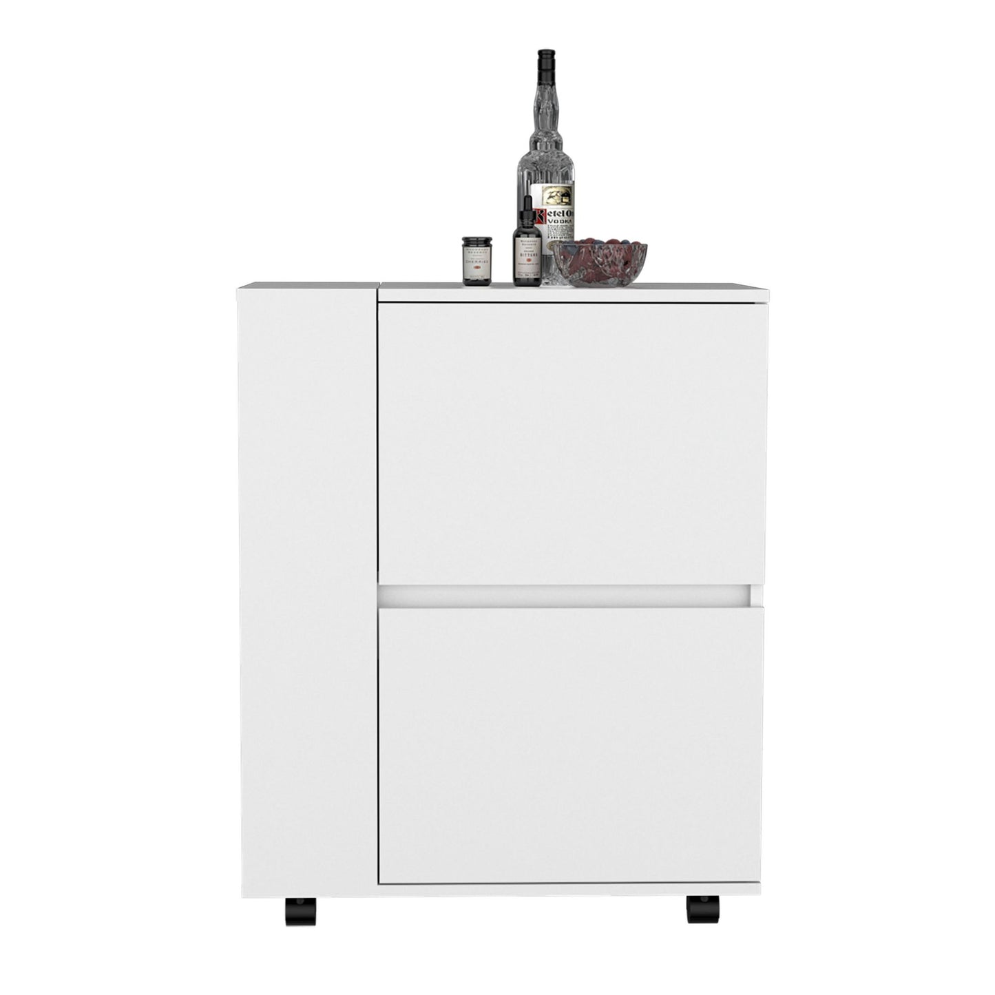 Bar Cart Two Pull-Down Door Cabinets and Two Open Shelves,White image 6